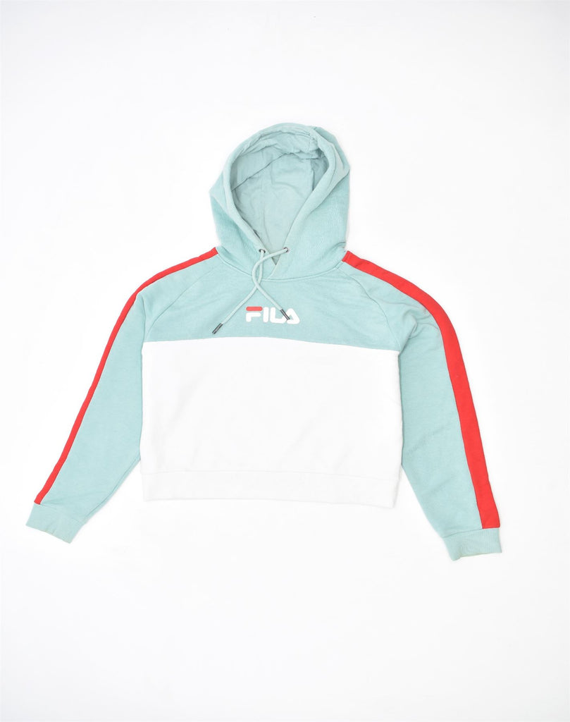 FILA Womens Oversized Graphic Hoodie Jumper UK 14 Medium Turquoise | Vintage | Thrift | Second-Hand | Used Clothing | Messina Hembry 