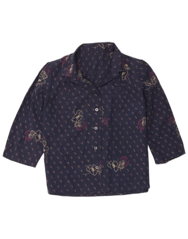 Vintage Womens 3/4 Sleeve Shirt Blouse UK 12 Medium Navy Blue Floral
