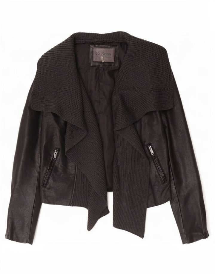 Cavalini Womens Open Faux Leather Biker Jacket UK 18 XL Black Polyurethane
