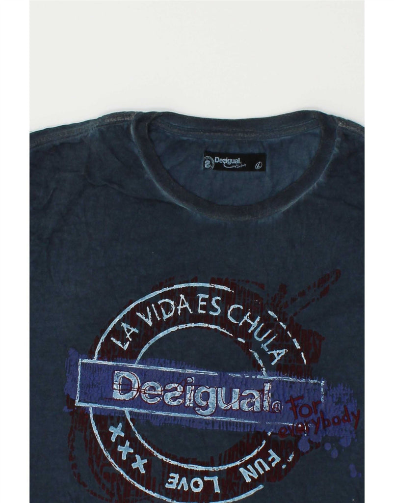 DESIGUAL Mens Graphic T-Shirt Top Large Navy Blue Cotton Vintage Desigual and Second-Hand Desigual from Messina Hembry 