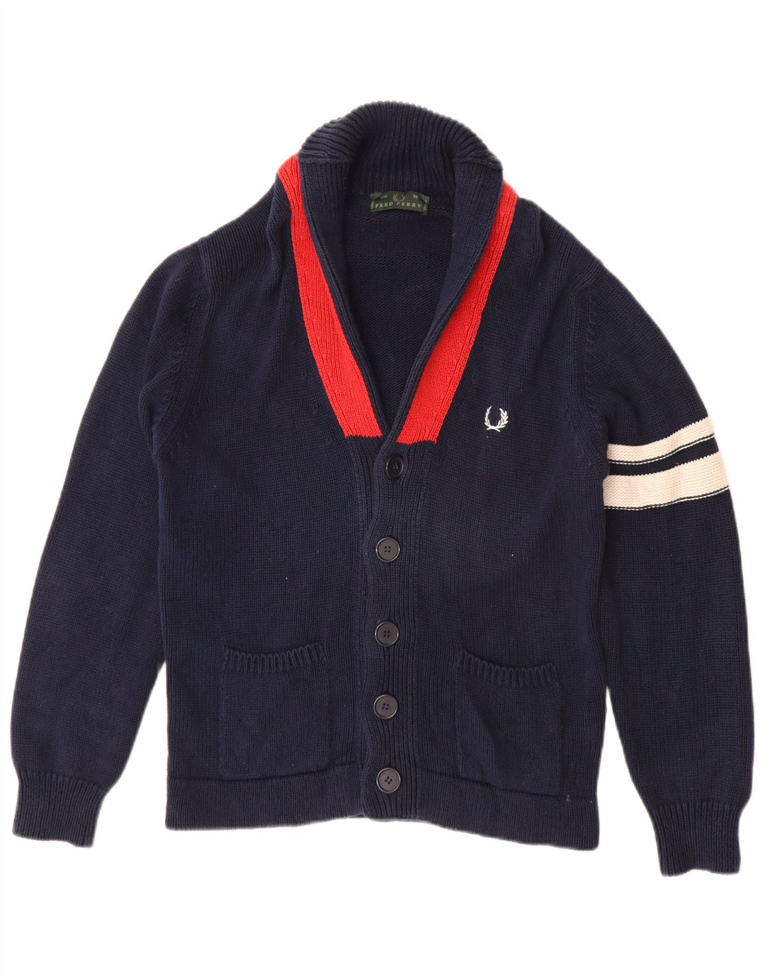FRED PERRY Mens Cardigan Sweater Medium Navy Blue Colourblock Cotton