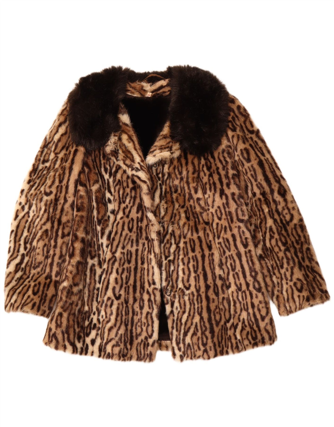 VINTAGE Womens Faux Fur Jacket EU 40 Medium Brown Animal Print Modacryl