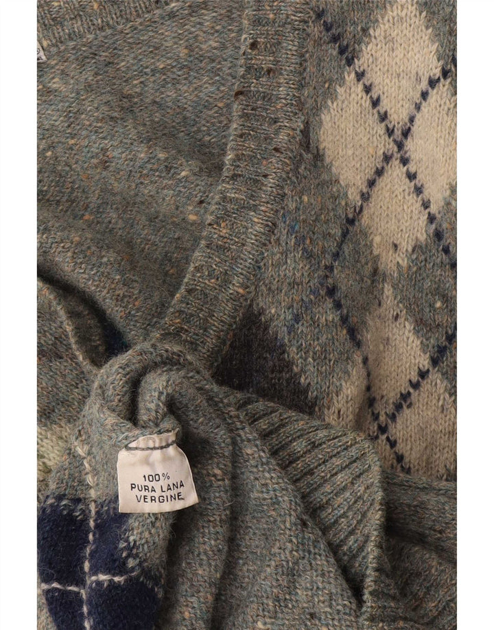 Vintage Mens V-Neck Jumper Sweater Medium Grey Argyle/Diamond Virgin Wool