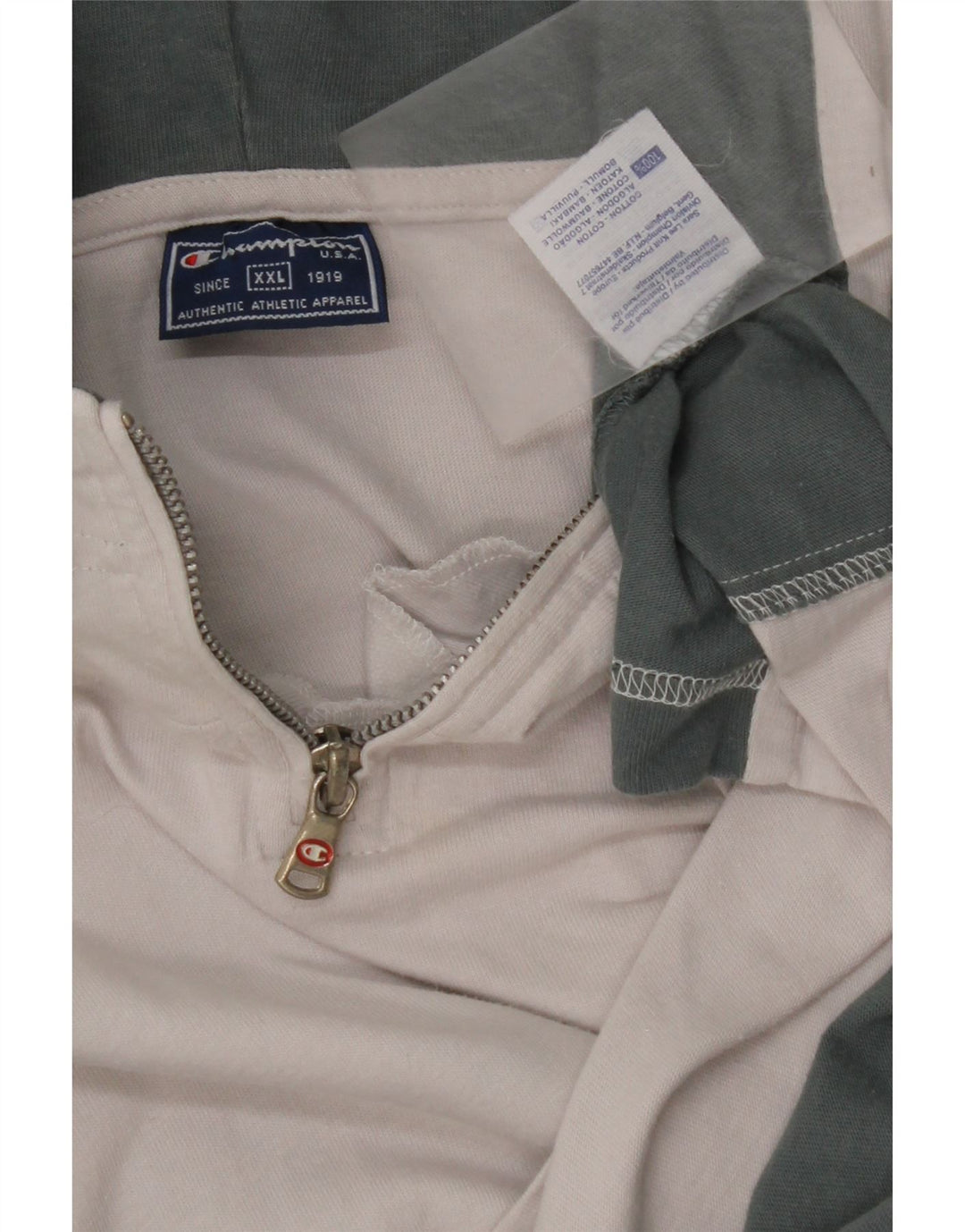 CHAMPION Mens Hooded Zip Neck T-Shirt Top 2XL White Colourblock Cotton