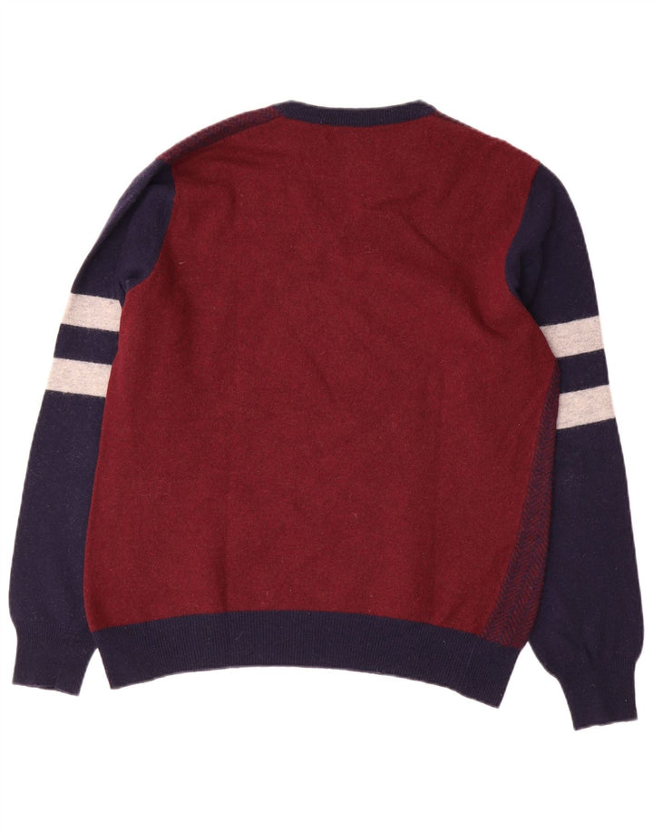 Fred Perry Mens V-Neck Jumper Sweater Medium Burgundy Colourblock Wool