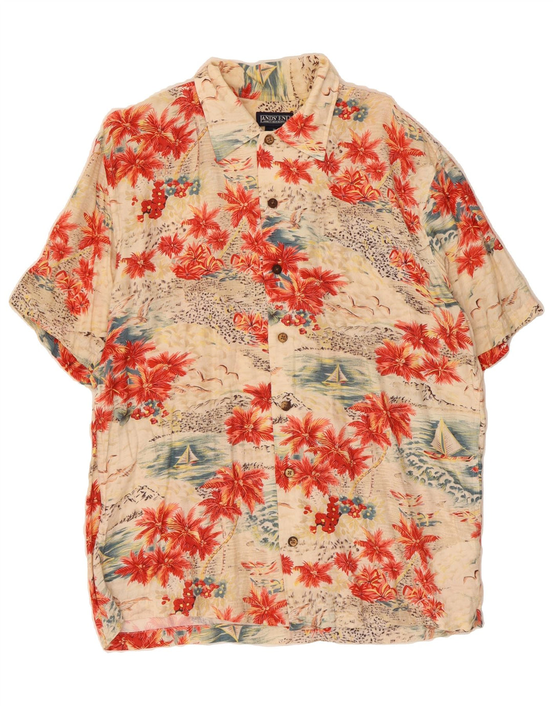 LANDS END Mens Regular Fit Shirt Size 15 1/2 Medium Beige Hawaiian Vintage Lands End and Second-Hand Lands End from Messina Hembry 