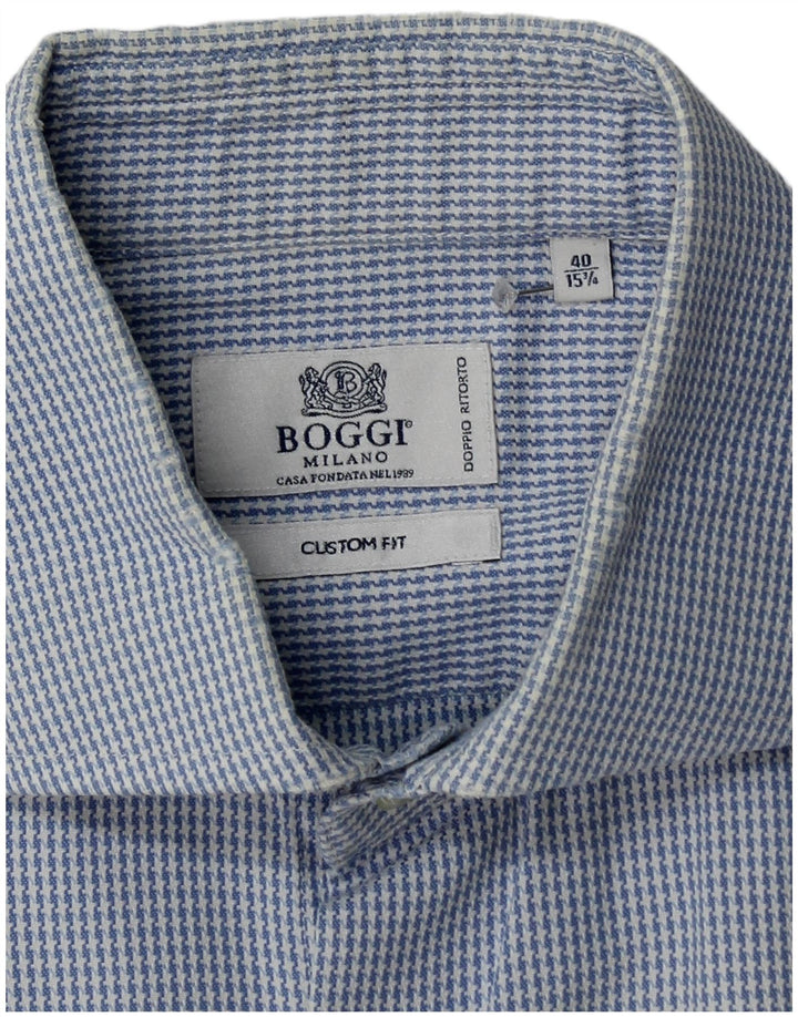 Boggi Mens Custom Fit Shirt Size 40 15 1/2 Medium Blue Houndstooth Cotton