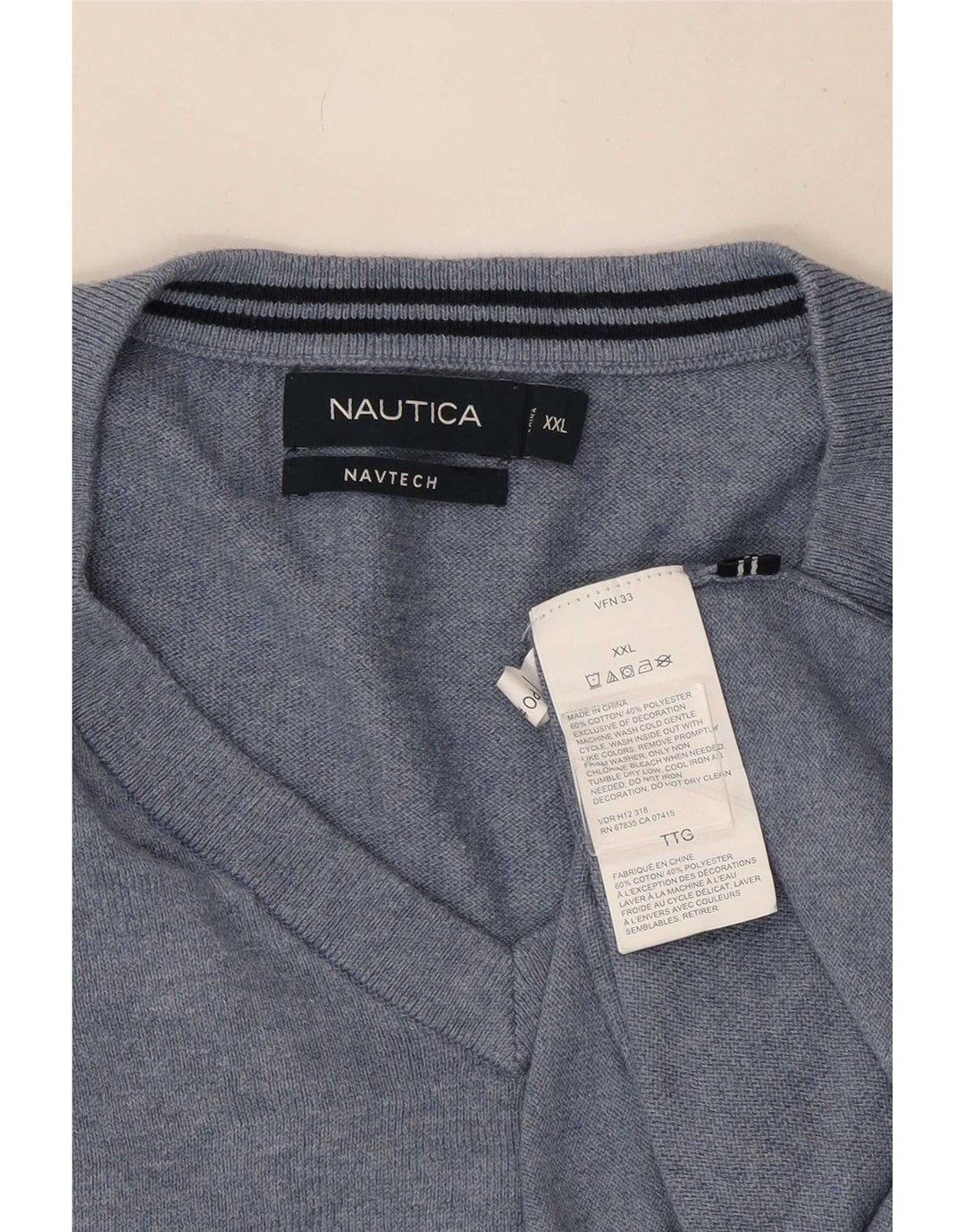 Nautica Mens V-Neck Jumper Sweater 2XL Blue Cotton