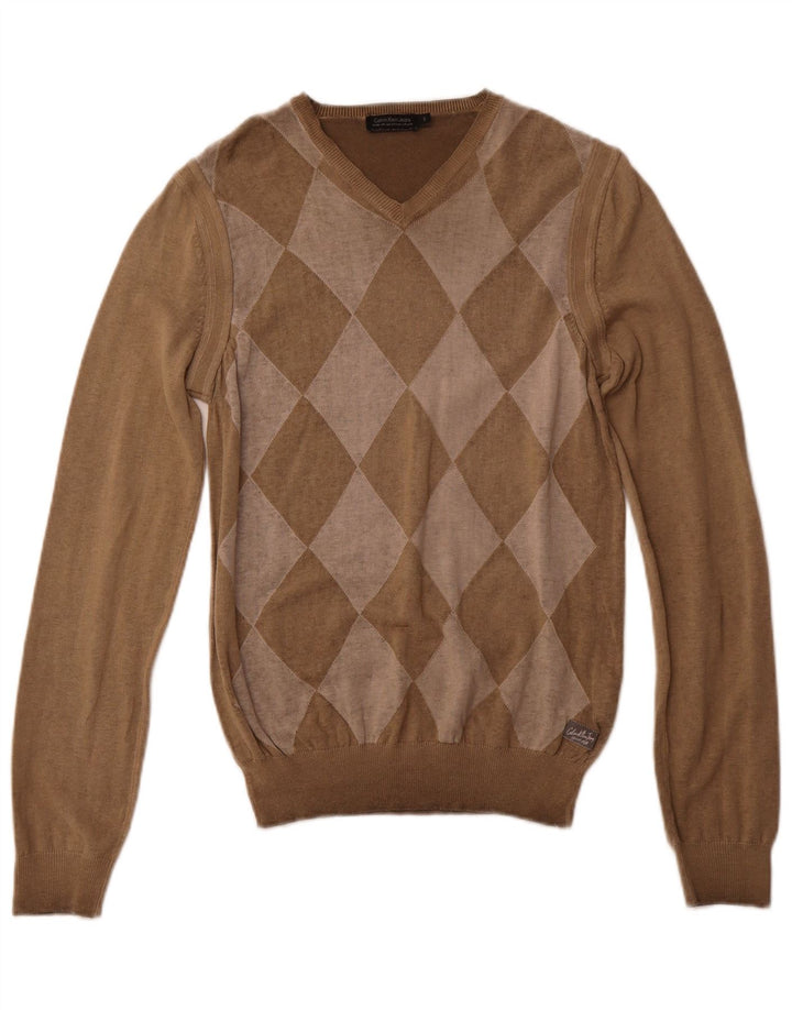 CALVIN KLEIN JEANS Mens V-Neck Jumper Sweater Small Brown Argyle/Diamond