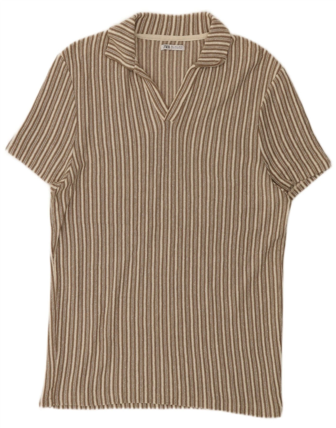 Zara Mens Polo Shirt Large Beige Striped