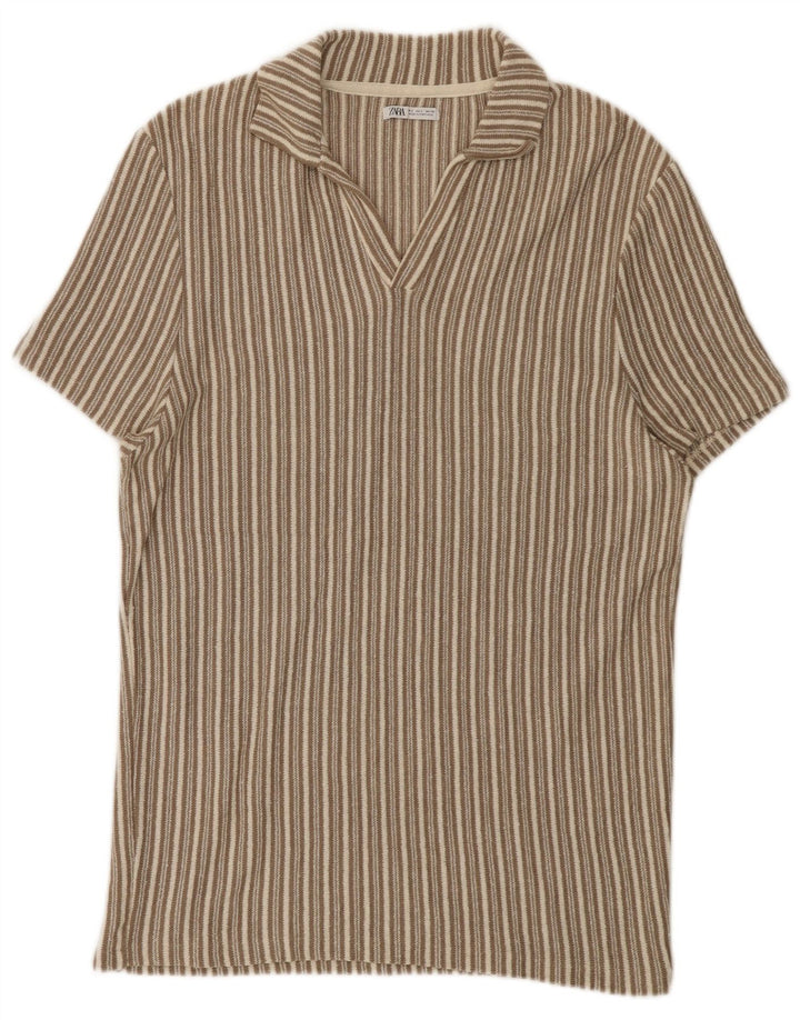 Zara Mens Polo Shirt Large Beige Striped
