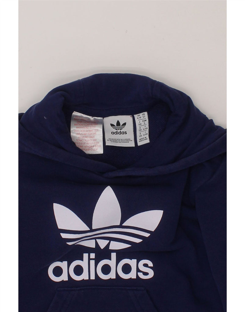 ADIDAS Boys Graphic Hoodie Jumper 4-5 Years Navy Blue Cotton Vintage Adidas and Second-Hand Adidas from Messina Hembry 