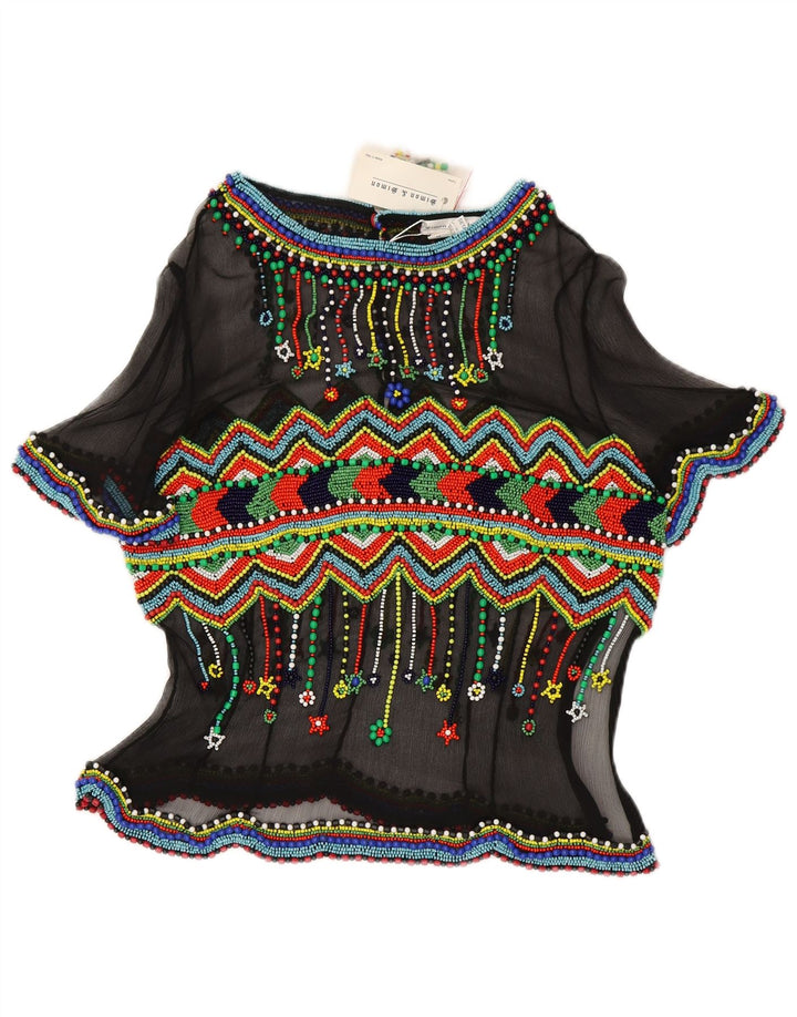 Vintage Womens See Through Blouse Top IT 48 XL Black Geometric Silk