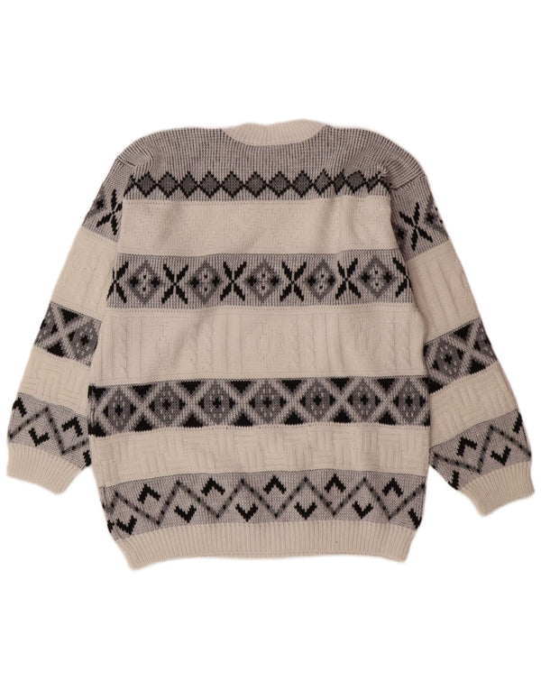 VINTAGE Mens Crew Neck Jumper Sweater Large White Fair Isle