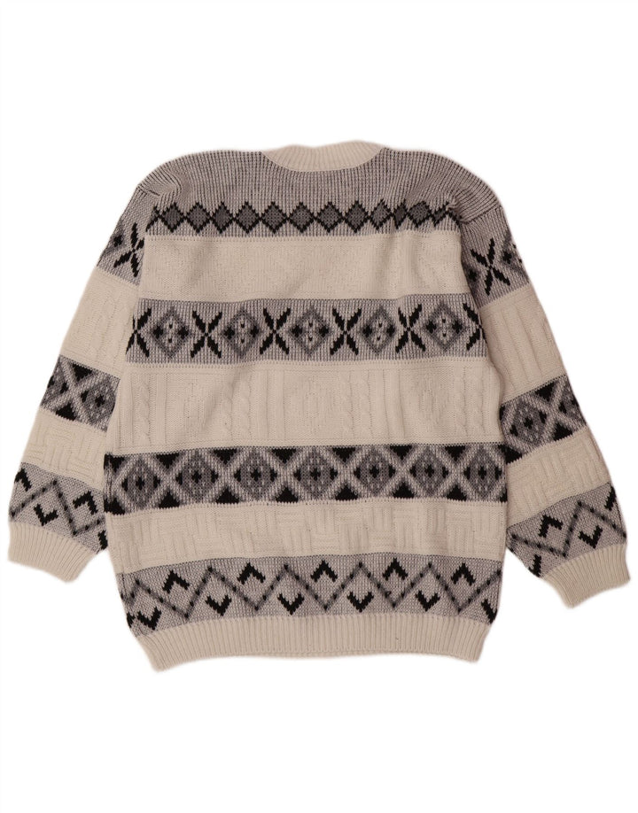 VINTAGE Mens Crew Neck Jumper Sweater Large White Fair Isle