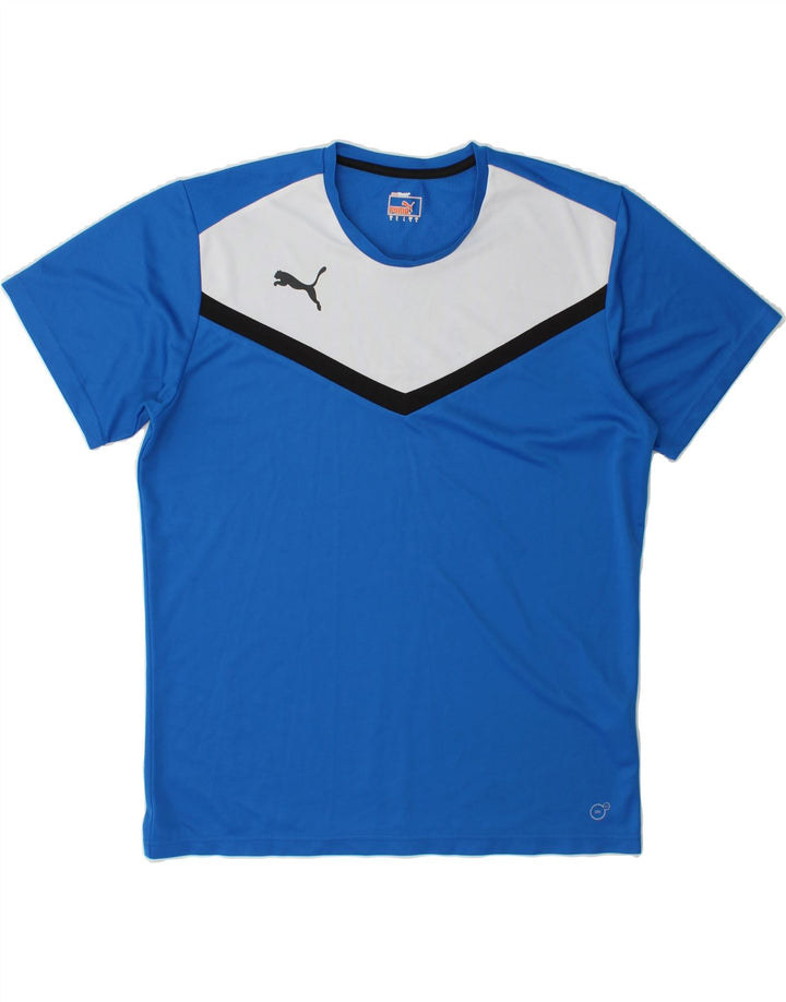 PUMA Mens T-Shirt Top Large Blue Colourblock Polyester Vintage Puma and Second-Hand Puma from Messina Hembry 