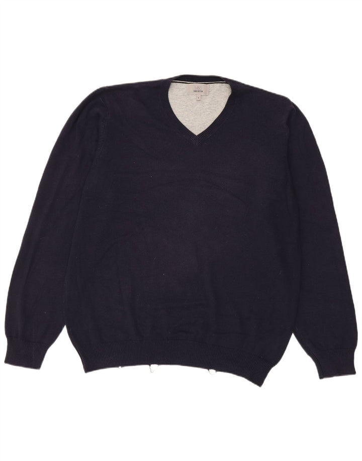 Marks & Spencer Mens V-Neck Jumper Sweater Large Navy Blue Cotton