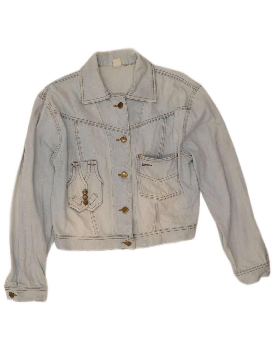 Vintage Womens Crop Graphic Denim Jacket UK 10 Small Blue Cotton