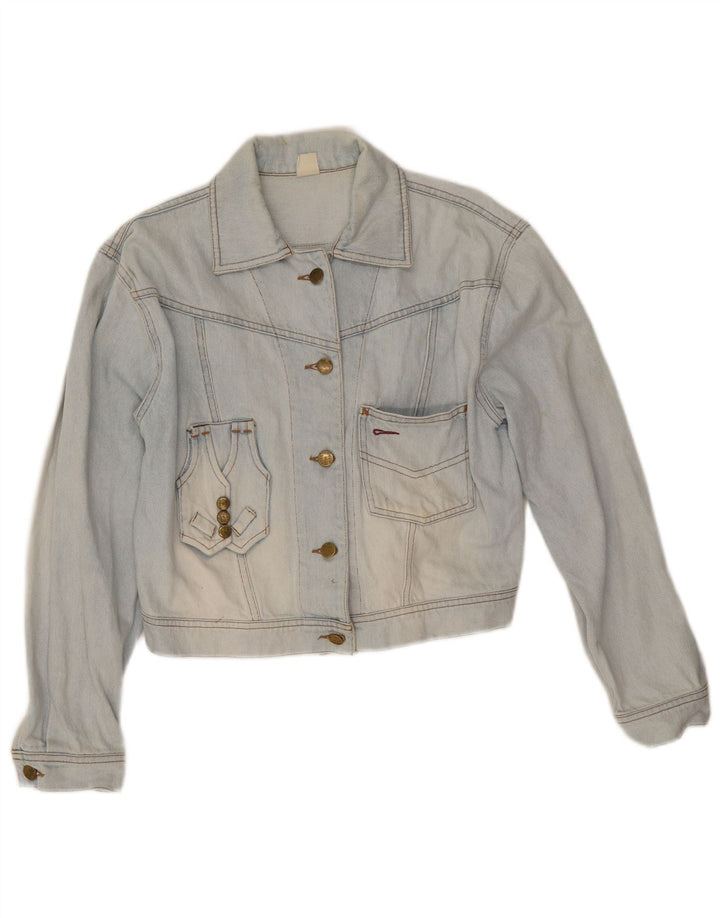 Vintage Womens Crop Graphic Denim Jacket UK 10 Small Blue Cotton
