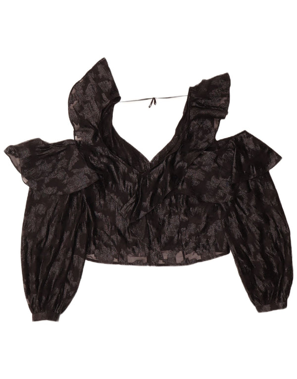 Vintage Womens Crop Long Sleeve Blouse Top UK 14 Medium Black Floral