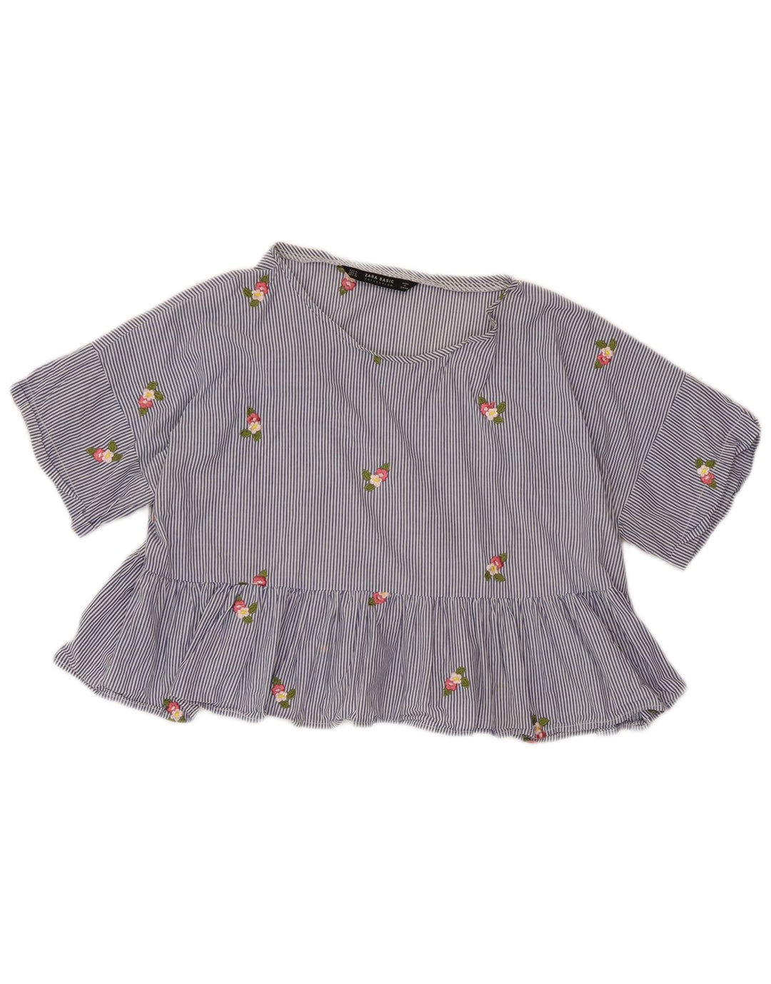 ZARA Womens Crop Blouse Top UK 14 Medium Blue Pinstripe