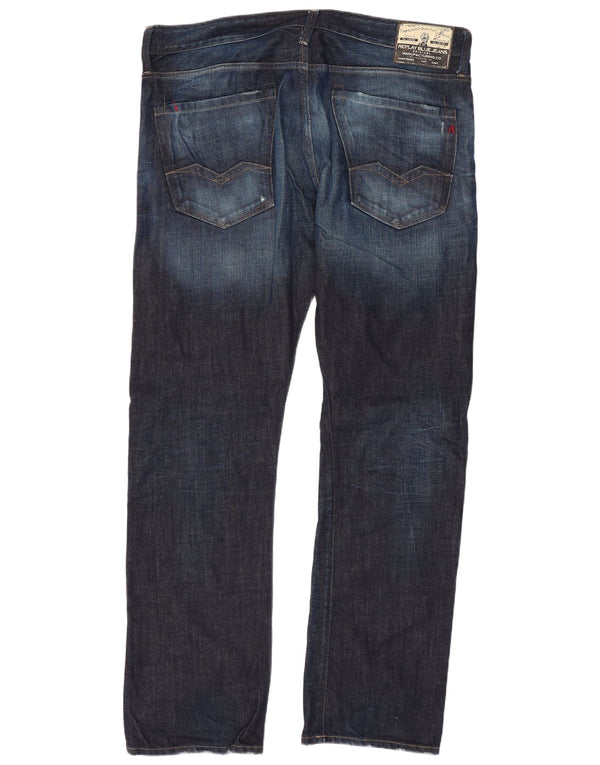 Replay Mens Straight Jeans W36 L32 Navy Blue Cotton