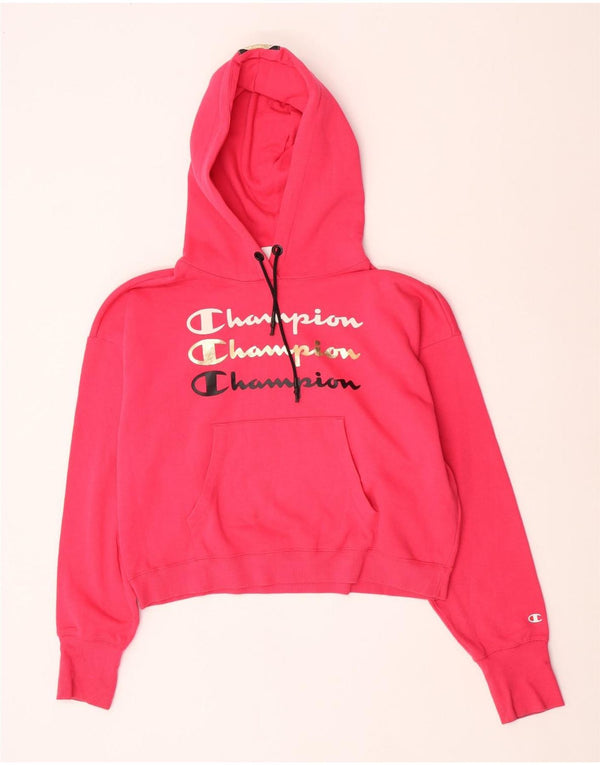 Champion Womens Oversized Crop Graphic Hoodie Jumper UK 18 XL Pink Cotton