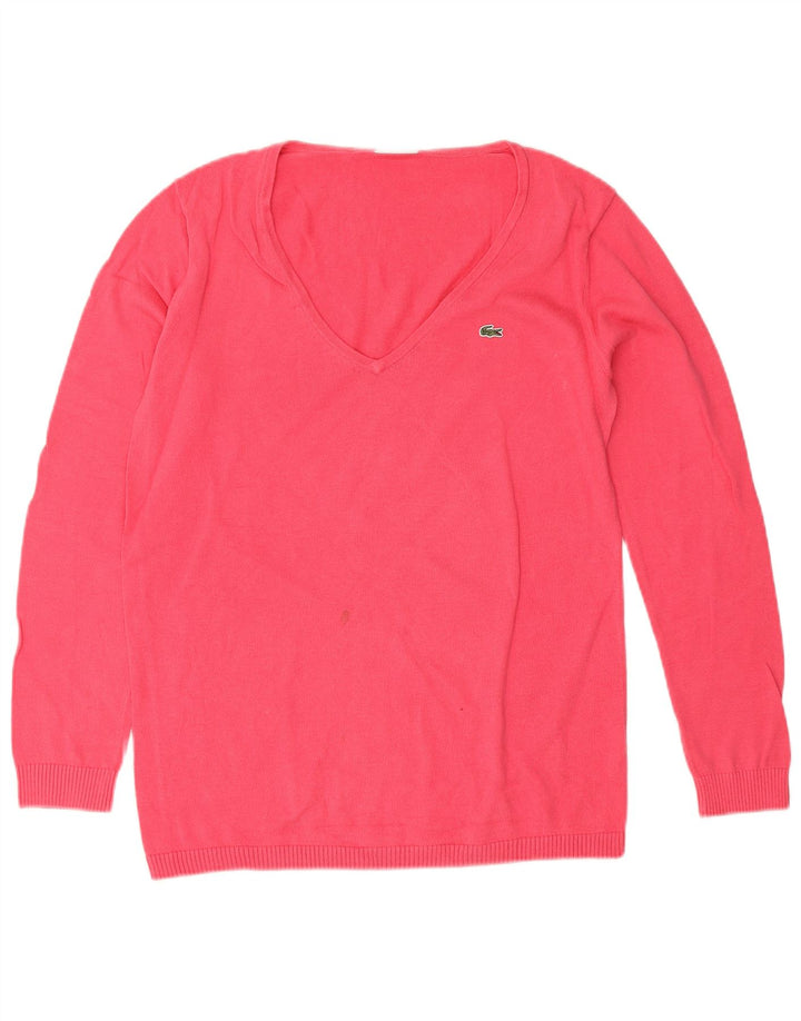Lacoste Womens V-Neck Jumper Sweater Size 42 Large Pink Cotton