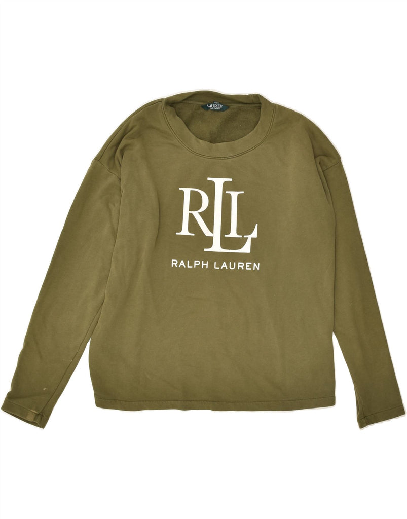 RALPH LAUREN Womens Graphic Sweatshirt Jumper UK 10 Small Green Cotton | Vintage Ralph Lauren | Thrift | Second-Hand Ralph Lauren | Used Clothing | Messina Hembry 