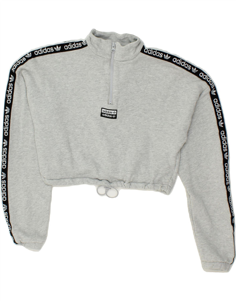 ADIDAS Womens Graphic Zip Neck Sweatshirt Jumper UK 6 XS Grey Cotton Vintage Adidas and Second-Hand Adidas from Messina Hembry 