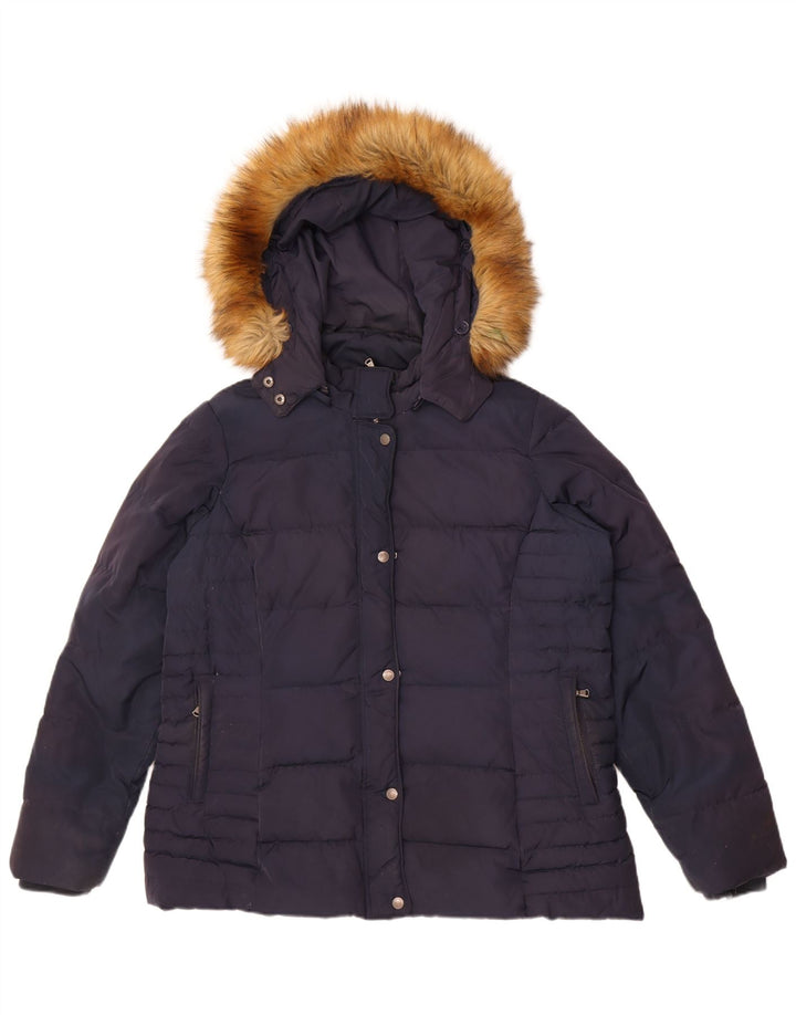 Crew Clothing Womens Hooded Padded Jacket UK 16 Large Navy Blue Polyester