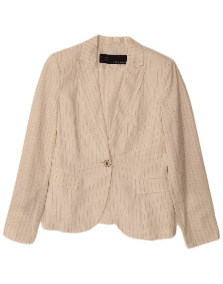 ZARA Womens 1 Button Blazer Jacket UK 10 Small Off White Striped Linen