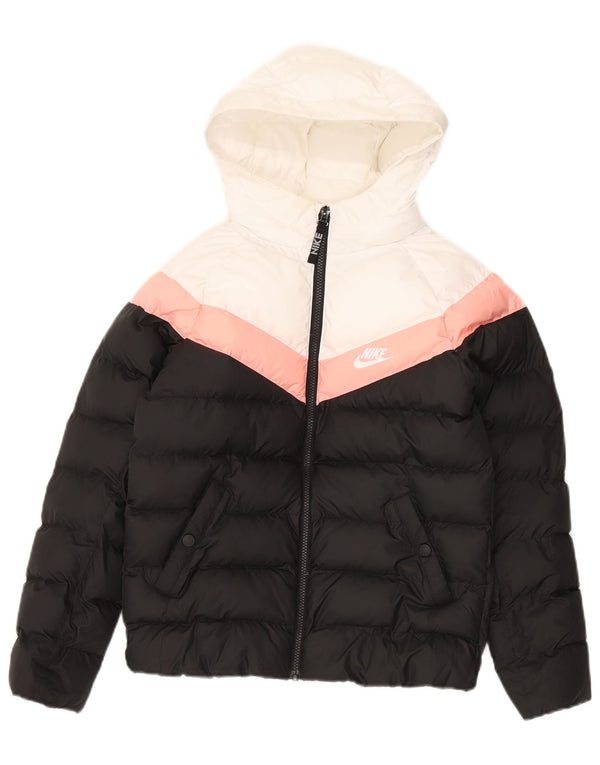 Nike Girls Hooded Padded Jacket 10-11 Years Medium Black Colourblock