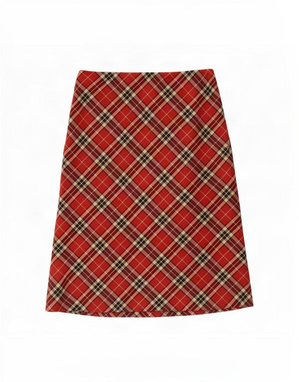Vintage Womens Midi Skirt IT 46 Large W32 Red Plaid Virgin Wool