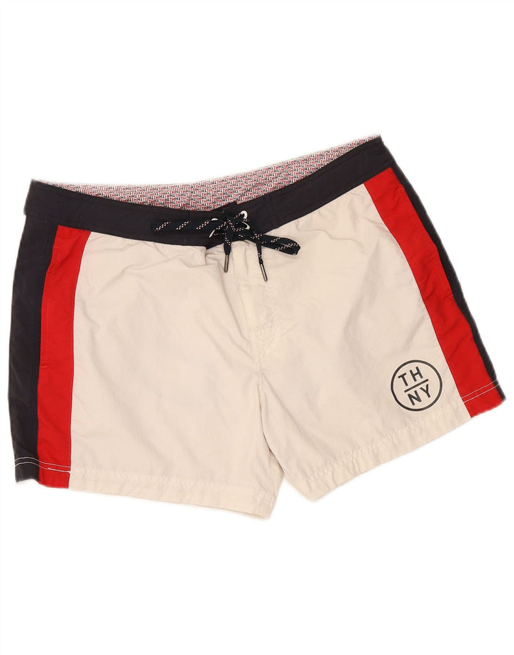 TOMMY HILFIGER Mens Graphic Swimming Shorts Large Off White Colourblock