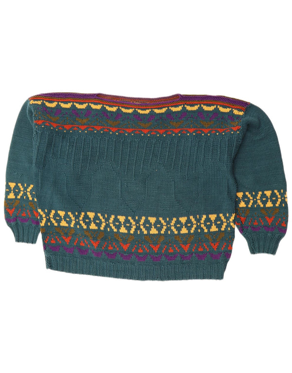 Vintage Womens Crop Boat Neck Jumper Sweater UK 18 XL Green Fair Isle