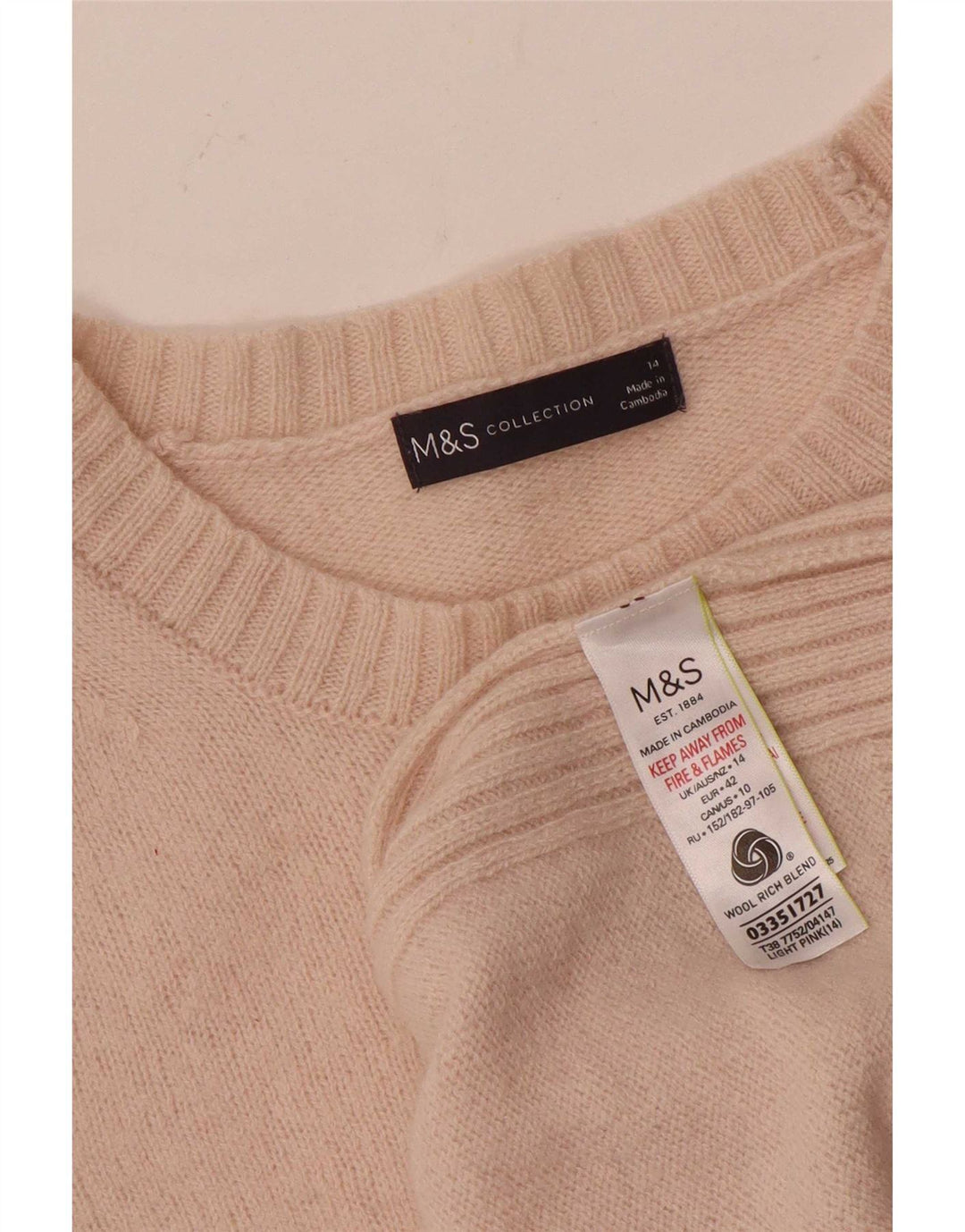 Marks & Spencer Womens Boat Neck Jumper Sweater UK 14 Medium Pink Wool