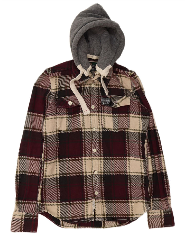 Superdry Mens Hooded Flannel Shirt Medium Burgundy Check Cotton