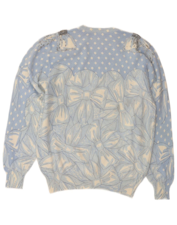 Vintage Womens Crew Neck Jumper Sweater UK 12 Medium Blue Floral Angora