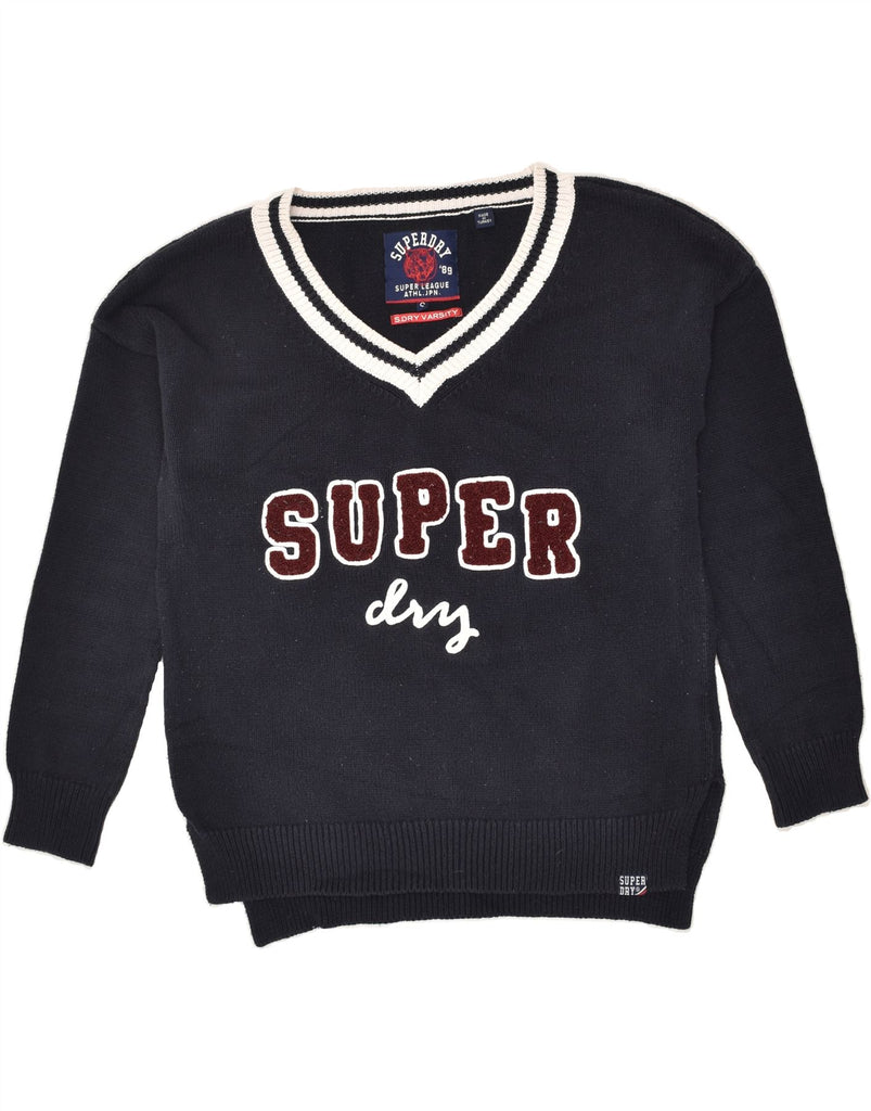 SUPERDRY Womens Graphic V-Neck Jumper Sweater UK 10 Small Navy Blue Cotton | Vintage Superdry | Thrift | Second-Hand Superdry | Used Clothing | Messina Hembry 