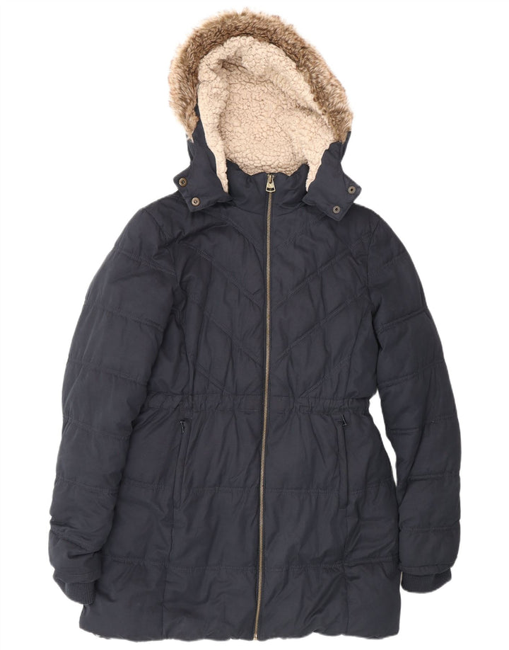 Fat Face Womens Hooded Sherpa Padded Coat UK 12 Medium Navy Blue Polyester