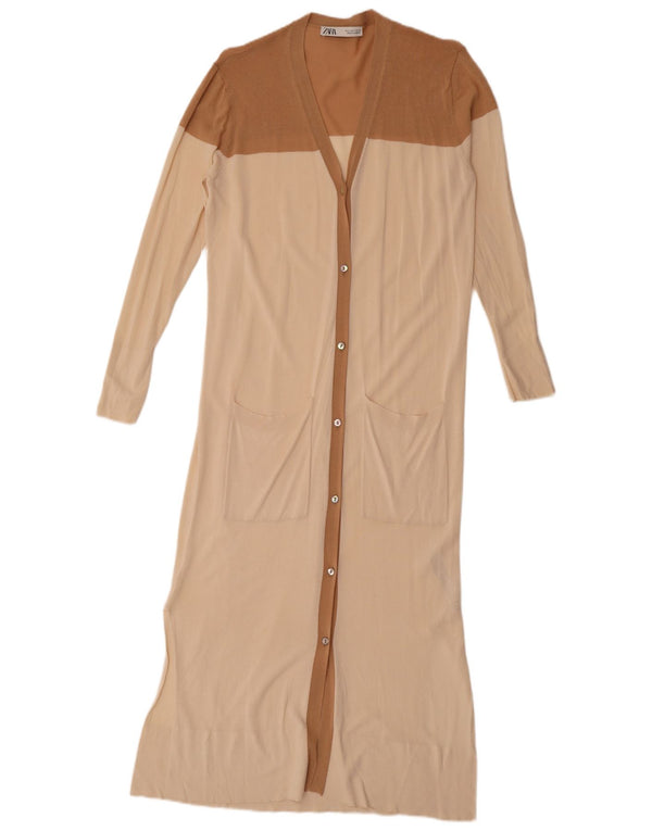 Zara Womens Longline Cardigan Sweater UK 10 Small Beige Colourblock