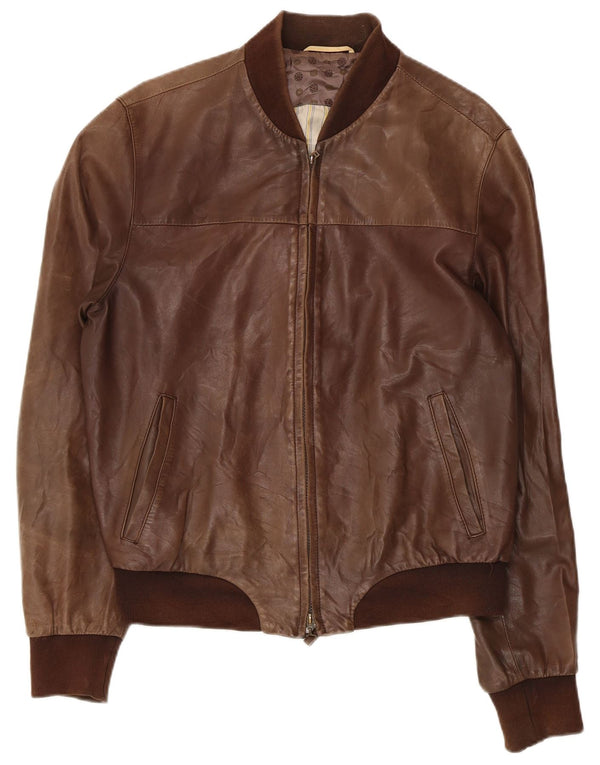 GALLOTTI Mens Bomber Leather Jacket IT 50 Large Brown Leather