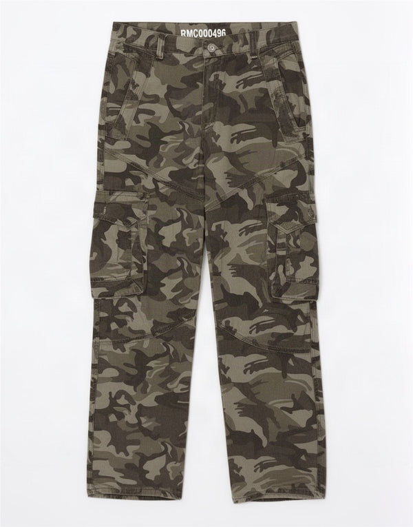 Vintage Mens Straight Cargo Trousers W33 L32 Green Camouflage Cotton