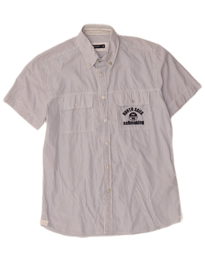 North Sails Mens Graphic Short Sleeve Shirt Medium Blue Pinstripe Cotton