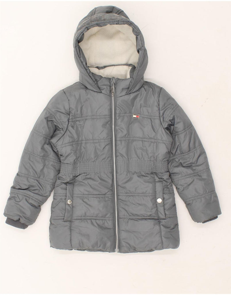 TOMMY HILFIGER Girls Graphic Hooded Padded Jacket 5-6 Years Grey Polyester | Vintage Tommy Hilfiger | Thrift | Second-Hand Tommy Hilfiger | Used Clothing | Messina Hembry 