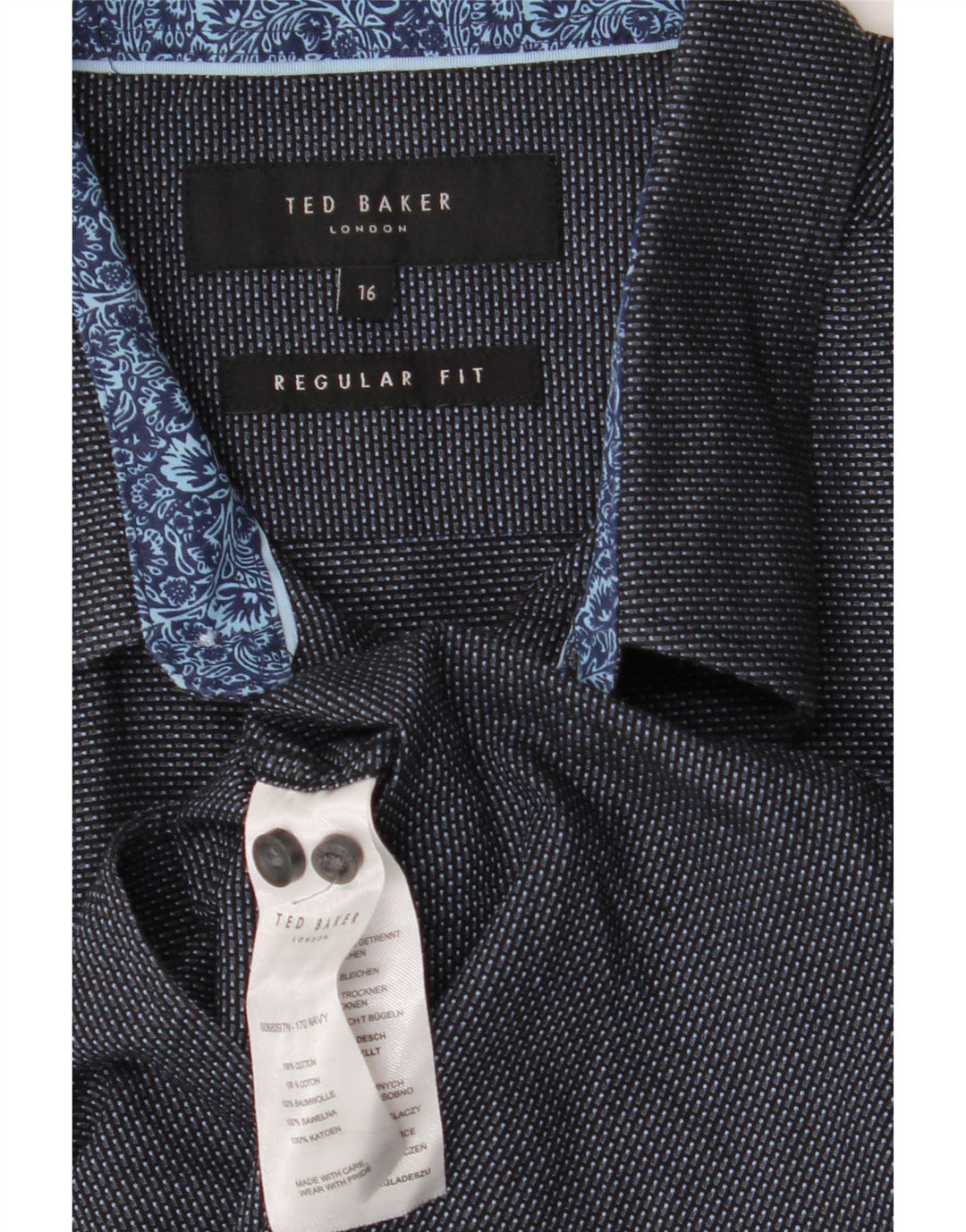 TED BAKER Mens Regular Fit Shirt Size 16 Large Navy Blue Spotted Cotton