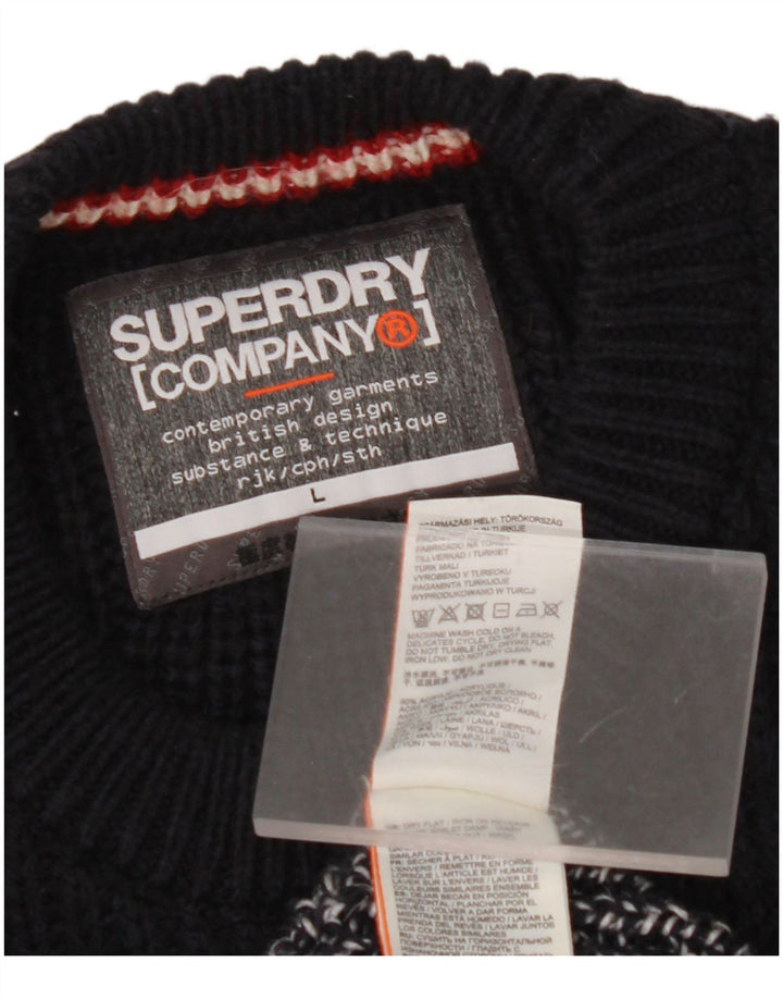 SUPERDRY Mens Crew Neck Jumper Sweater Large Navy Blue Argyle/Diamond