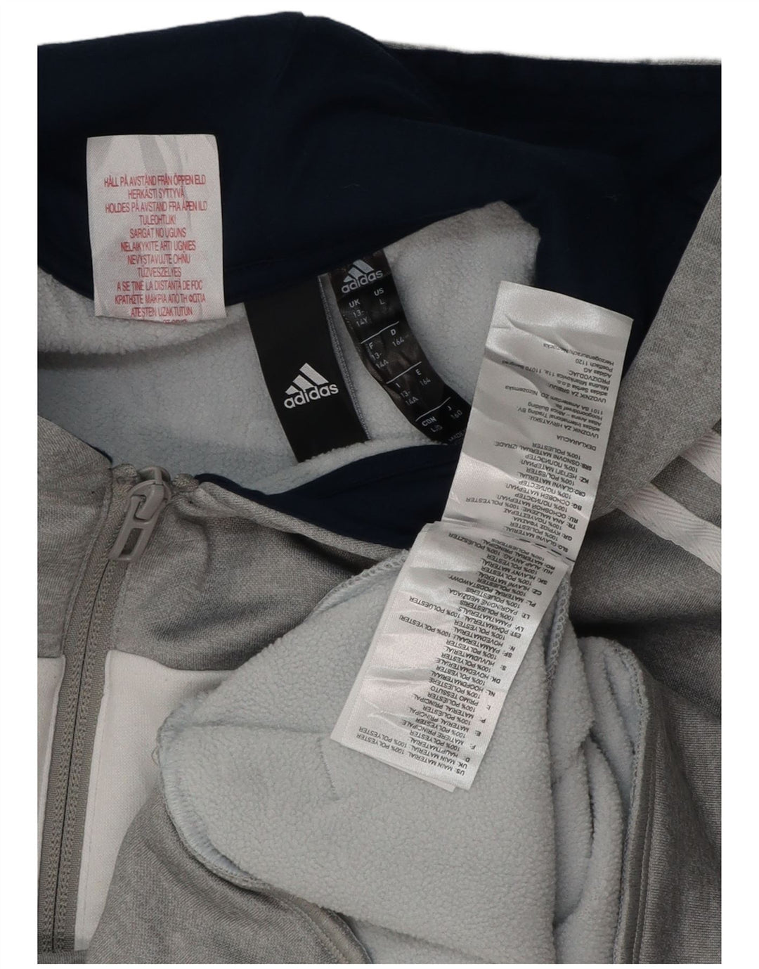 ADIDAS Boys Zip Neck Hoodie Jumper 13-14 Years Grey Colourblock Polyester