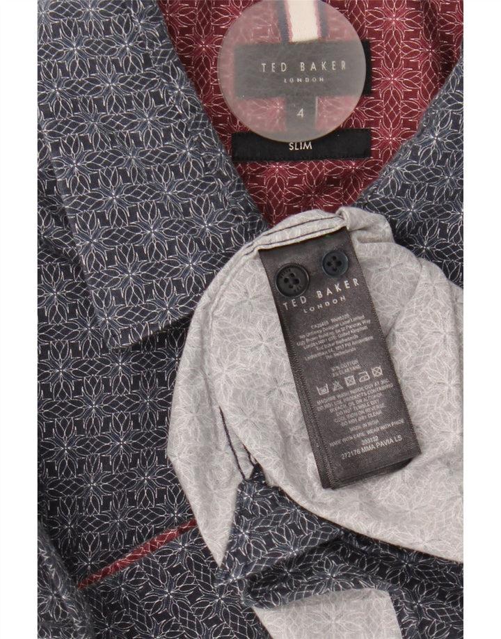 Ted Baker Mens Slim Fit Shirt Size 4 Large Navy Blue Geometric Cotton